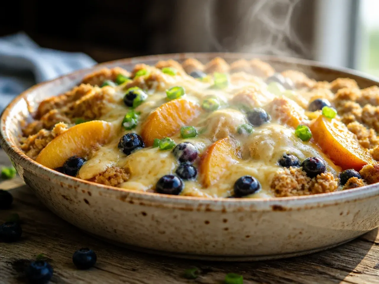 A spoon lifting a portion of peach and blueberry crisp to reveal a creamy custard layer underneath
