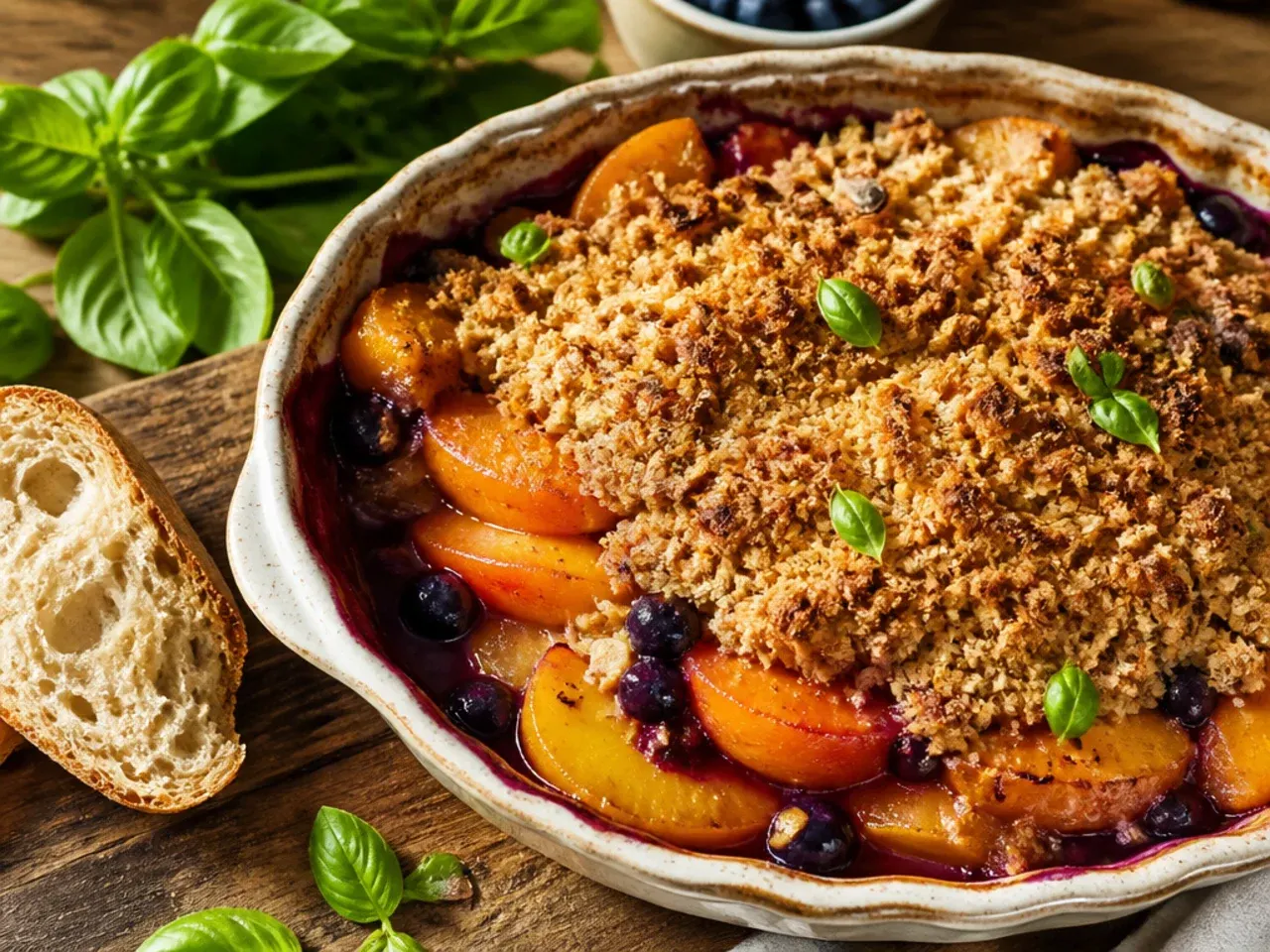 Simple four-ingredient oat crumble topping in a glass bowl before baking