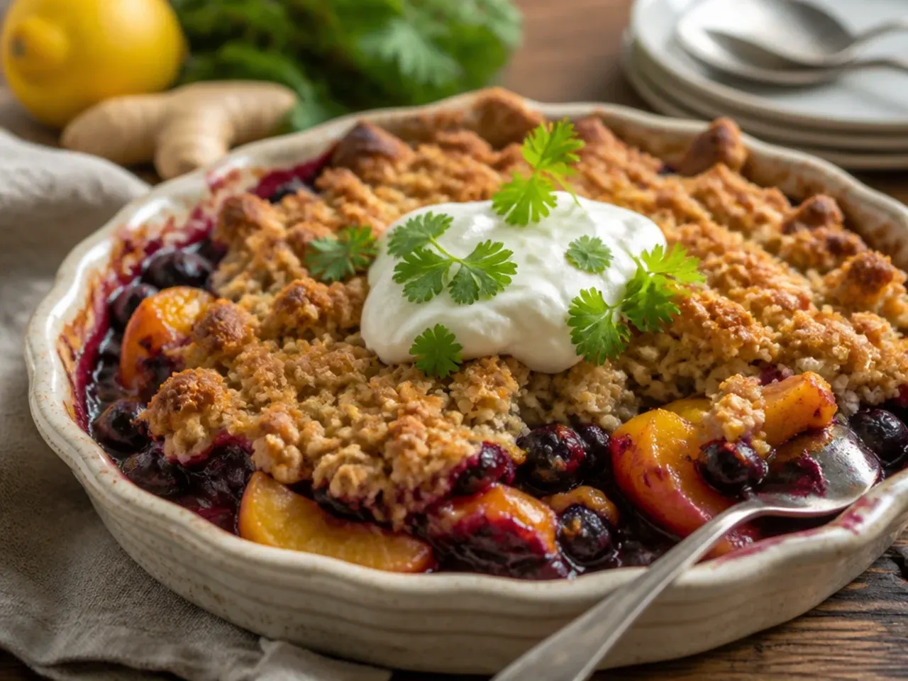 Peach and blueberry crisp topped with grated lemon zest and pieces of crystallised ginger