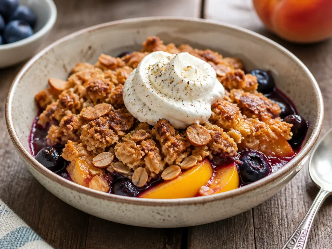Wholemeal oat and almond crumble topping being sprinkled over peaches and blueberries