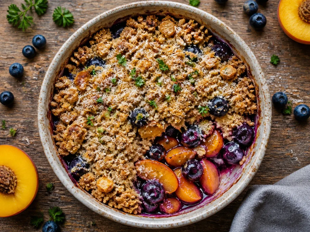 Bag of frozen peaches and blueberries next to a baking dish ready for a budget crisp