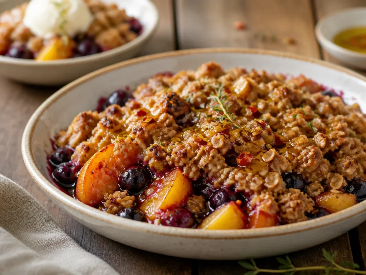 Peach and blueberry crisp baked and served straight from a cast iron skillet