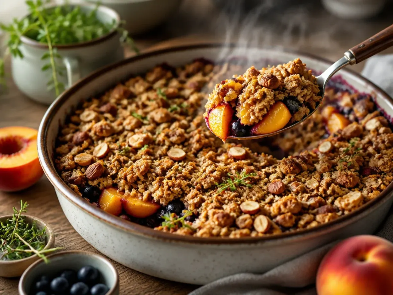 Peach and blueberry crisp loaded with granola and toasted nuts on top of the crumble