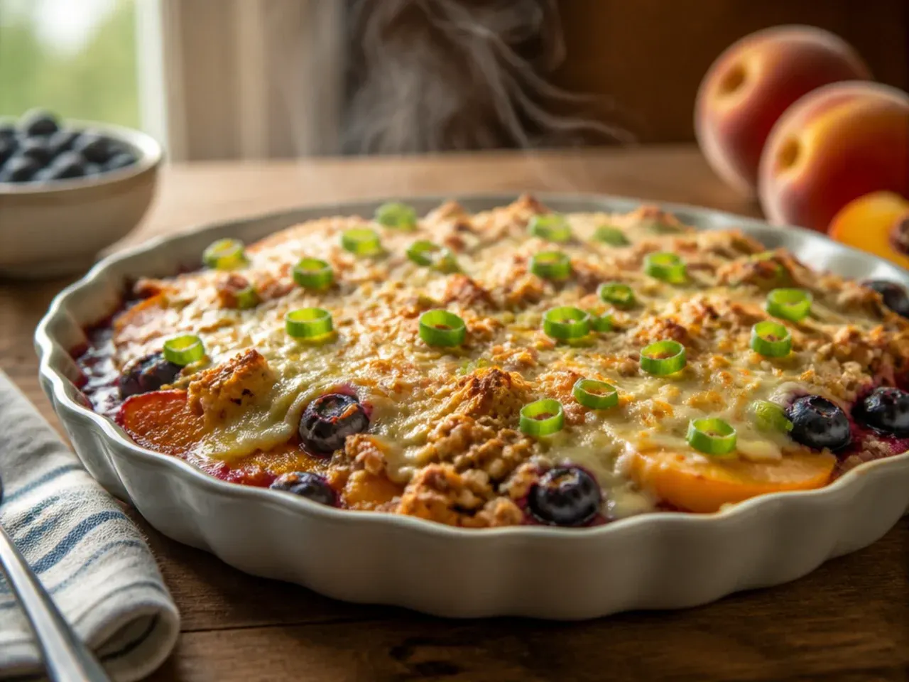 Large sheet pan of peach and blueberry crisp with golden topping ready to serve a crowd