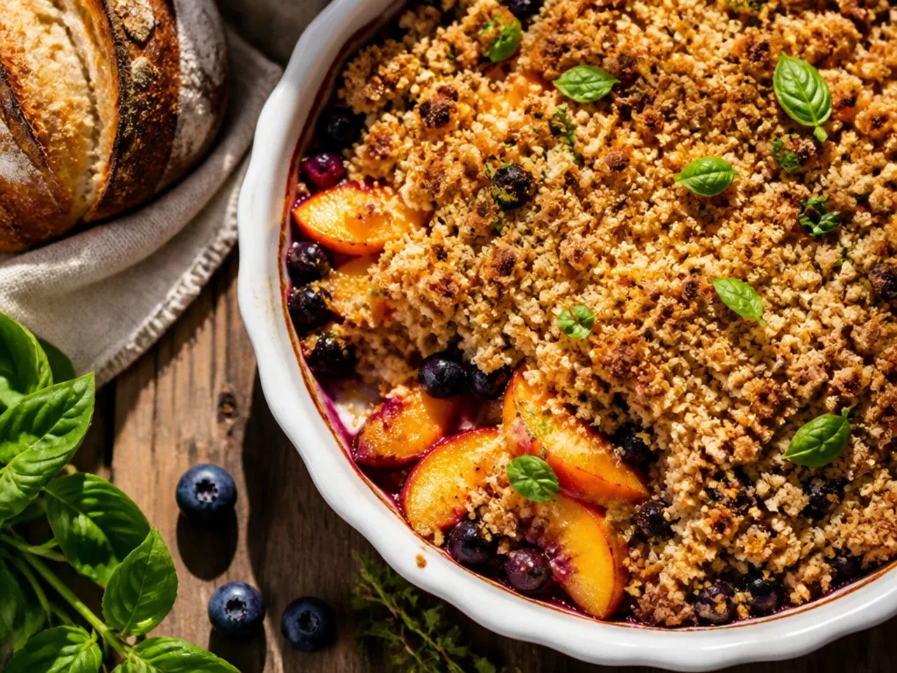 Bakery-style peach and blueberry crisp with flaky sea salt scattered over a golden crumble top