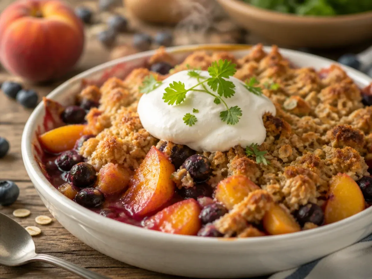 Softened peach slices being stirred with blueberries in a microwave-safe bowl