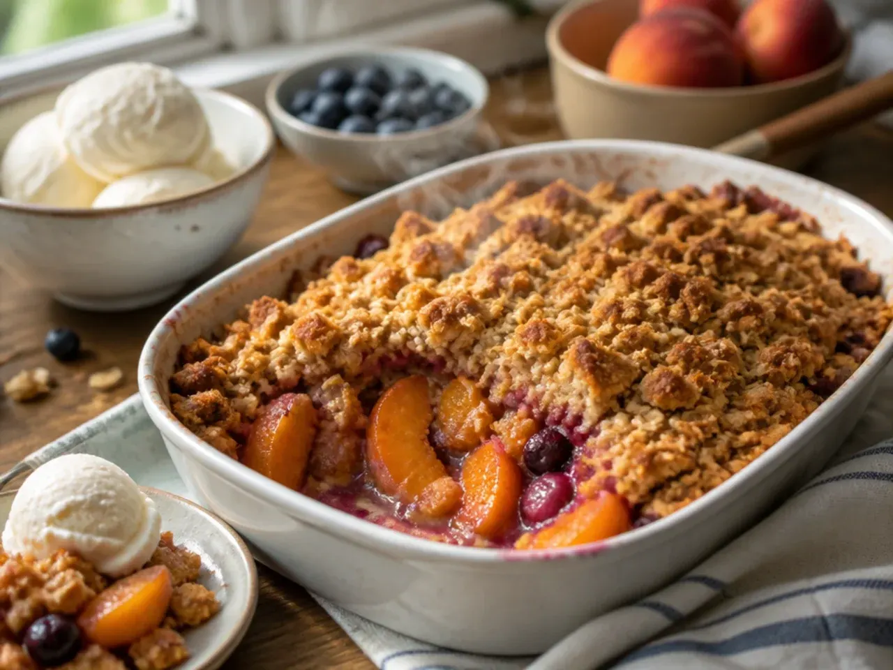 Bowl of warm peach and blueberry crisp topped with a melting scoop of vanilla ice cream
