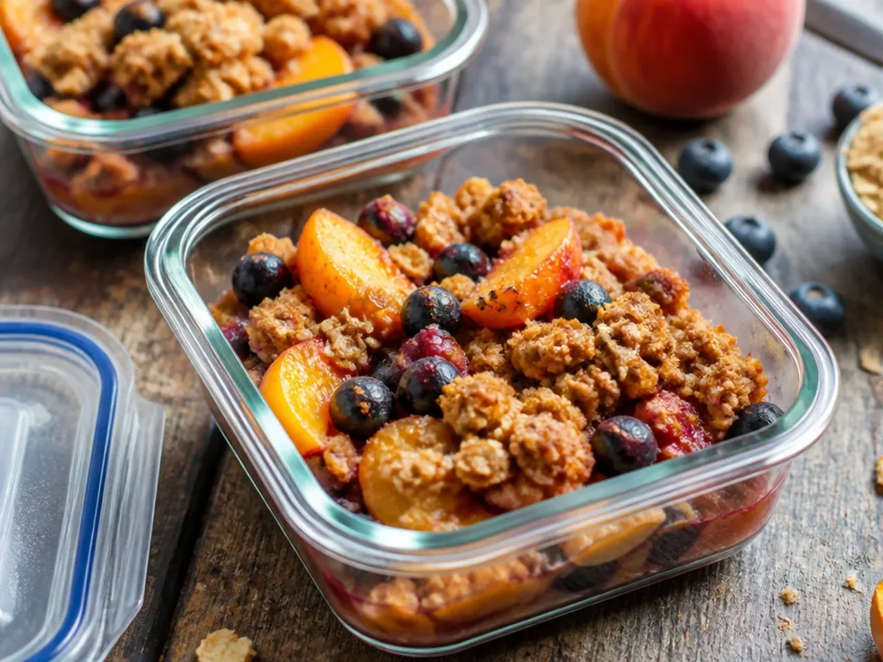 Leftover peach and blueberry crisp stored in a glass airtight container in the fridge