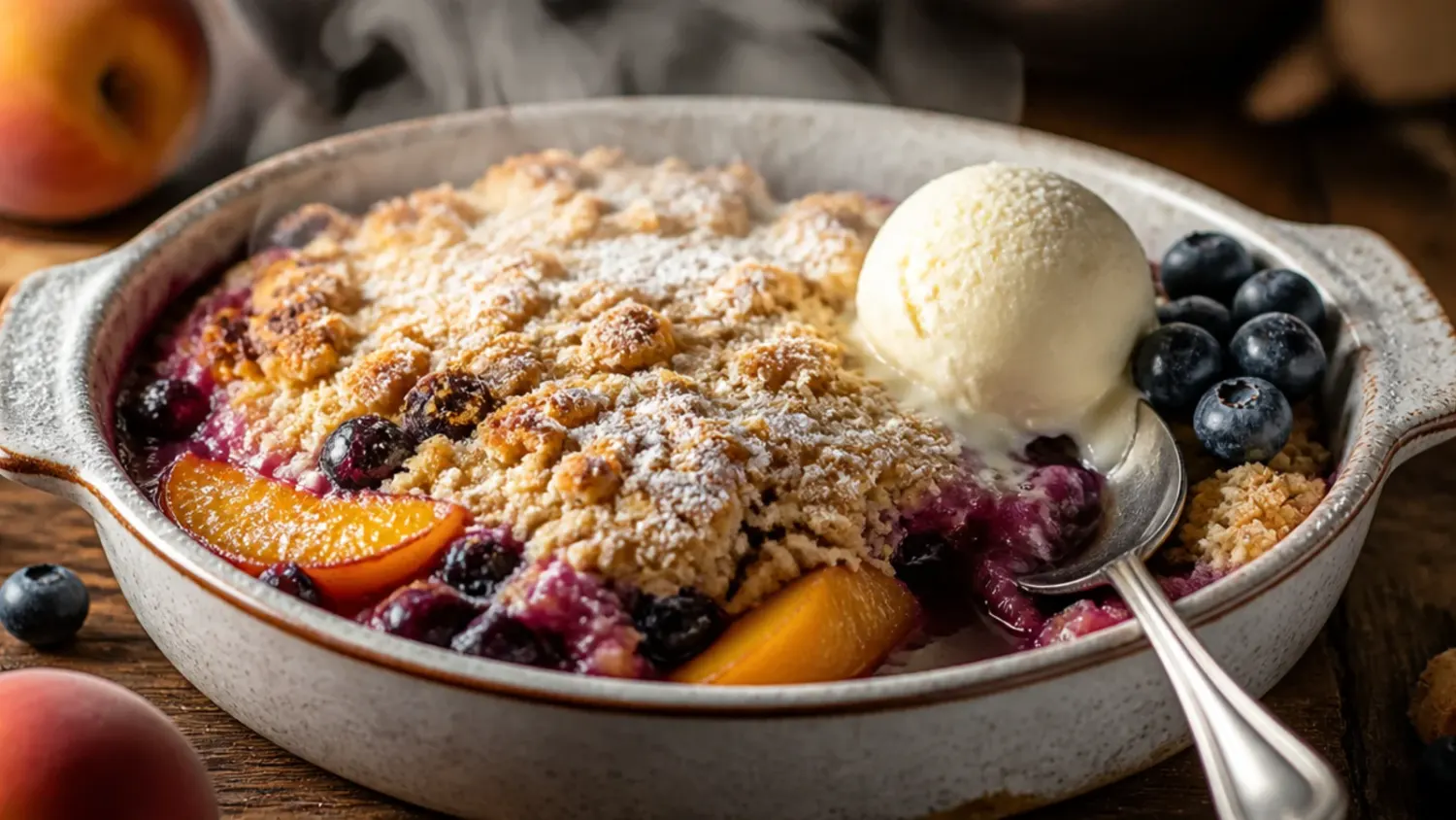Golden peach blueberry crisp in a baking dish with a spoonful lifted, showing bubbling fruit and a buttery oat topping