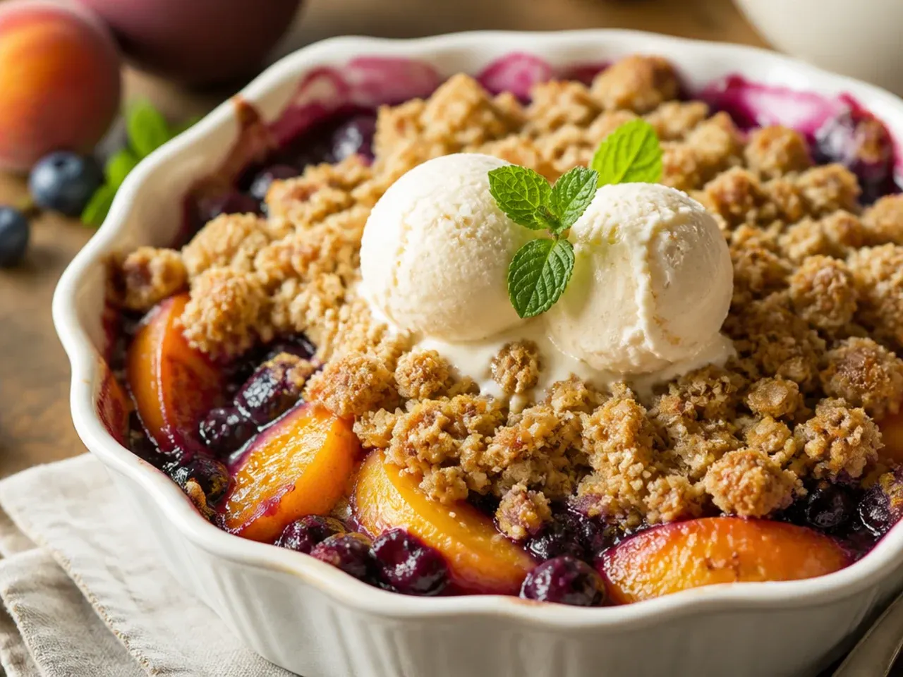 Overhead shot of peach blueberry crisp fresh from the oven with golden bubbling topping