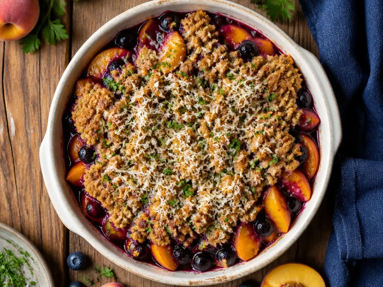 Classic peach blueberry crisp with golden oat topping in a white baking dish