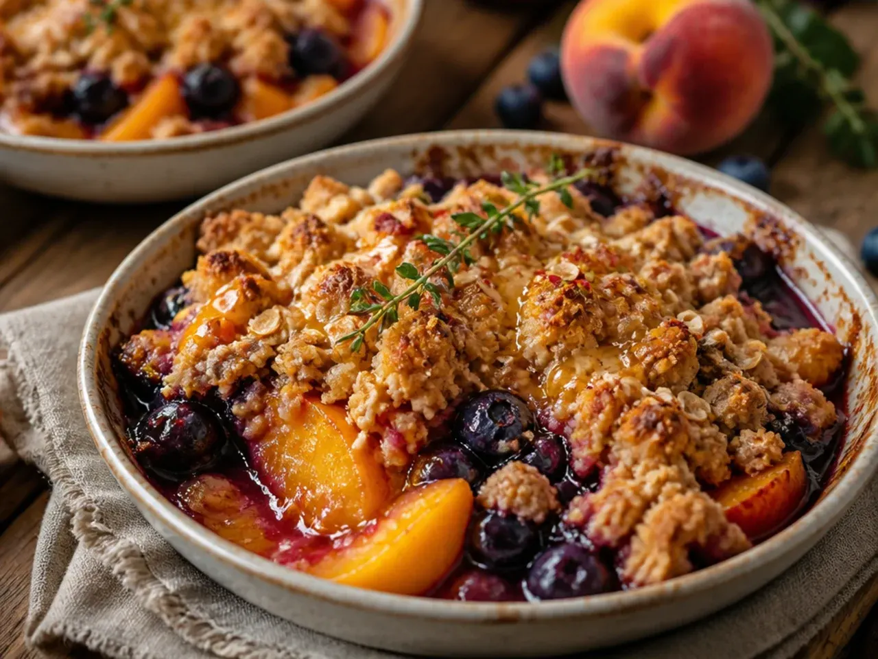 Easy peach blueberry crisp made with frozen fruit in a casserole dish
