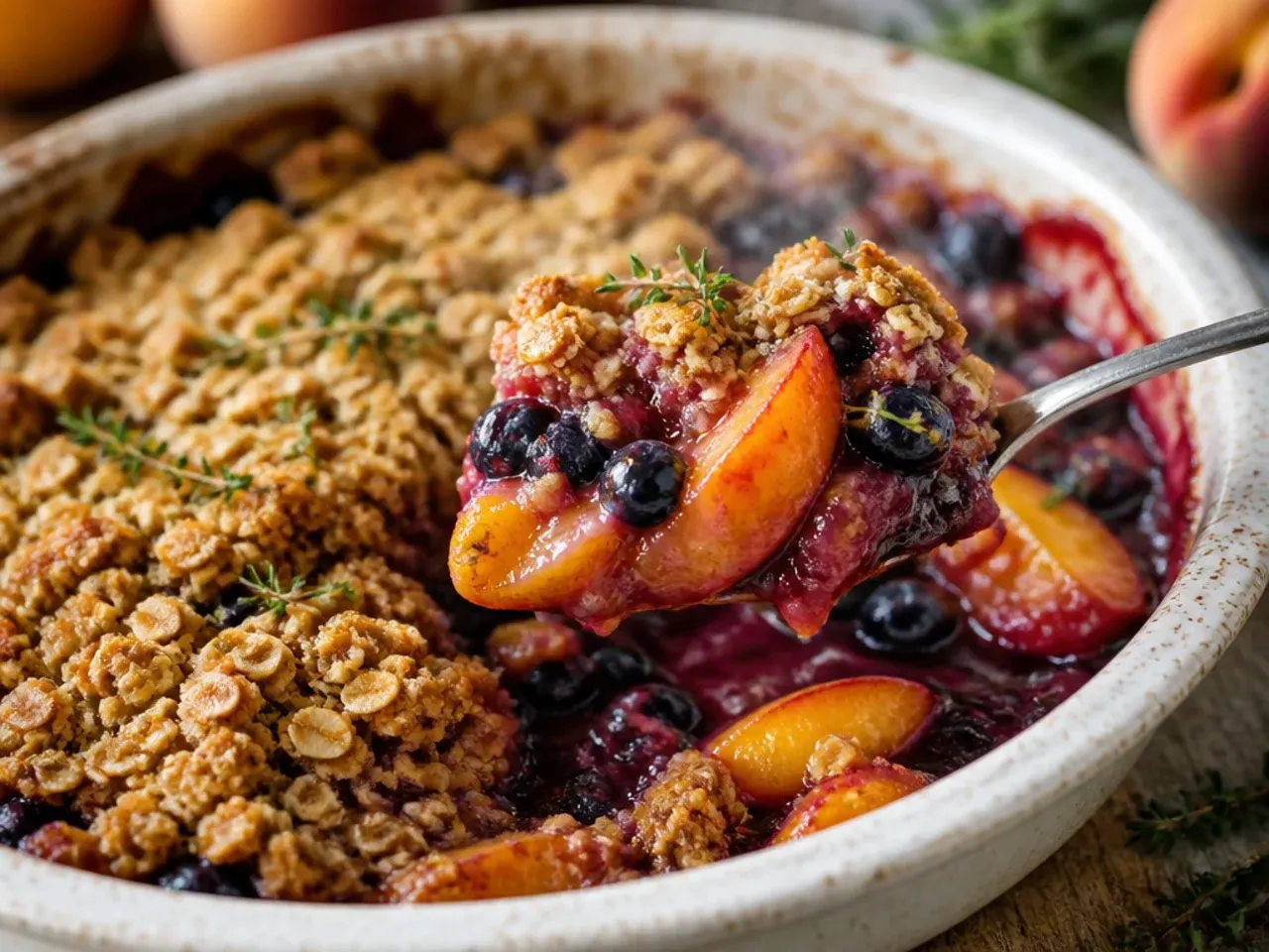 Fresh peach blueberry crisp with visible peach wedges and whole blueberries