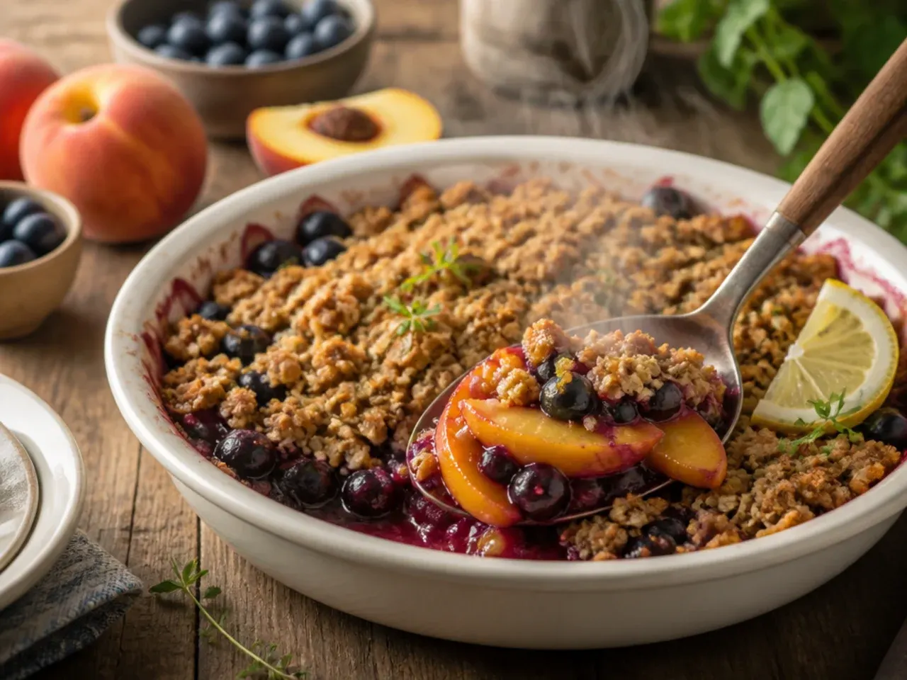 Cozy spiced peach blueberry crisp served in a bowl with warm custard