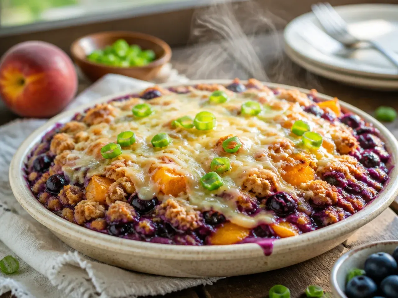 Slice of creamy peach blueberry crisp showing a cheesecake layer inside