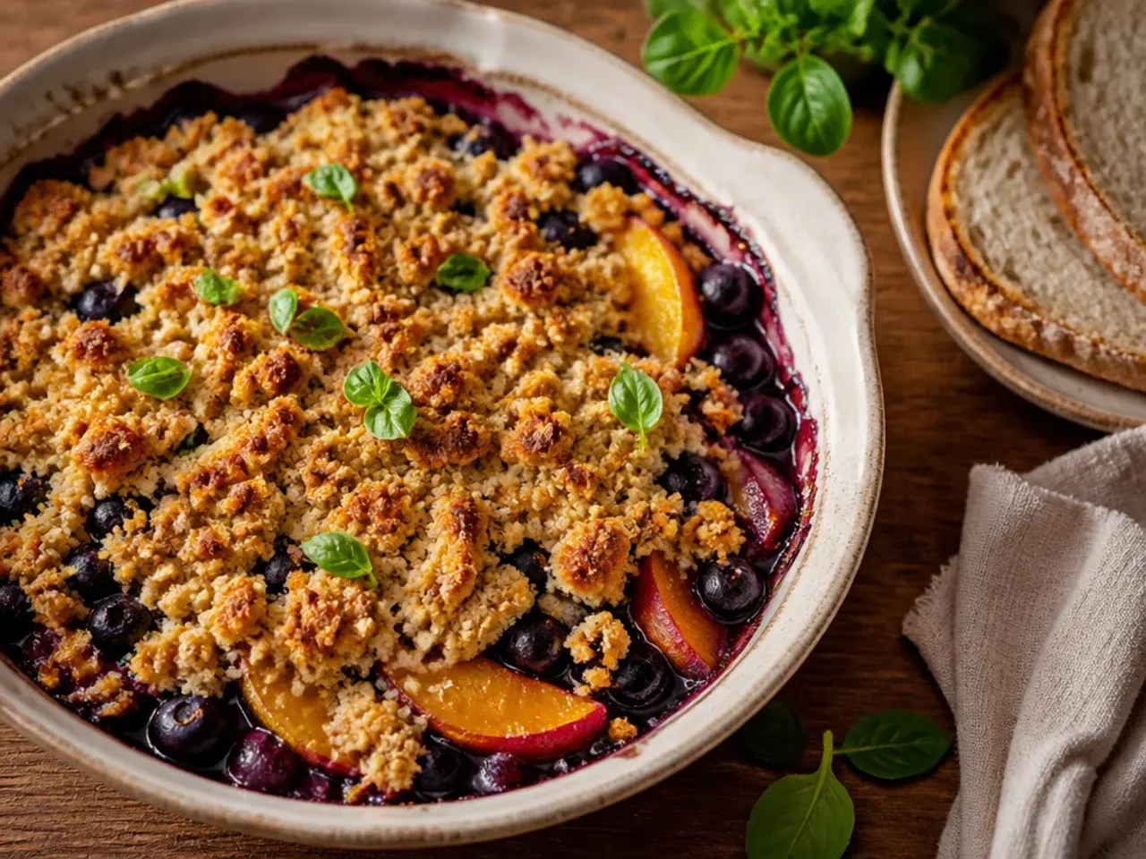 Simple five-ingredient peach blueberry crisp with a rustic oat topping