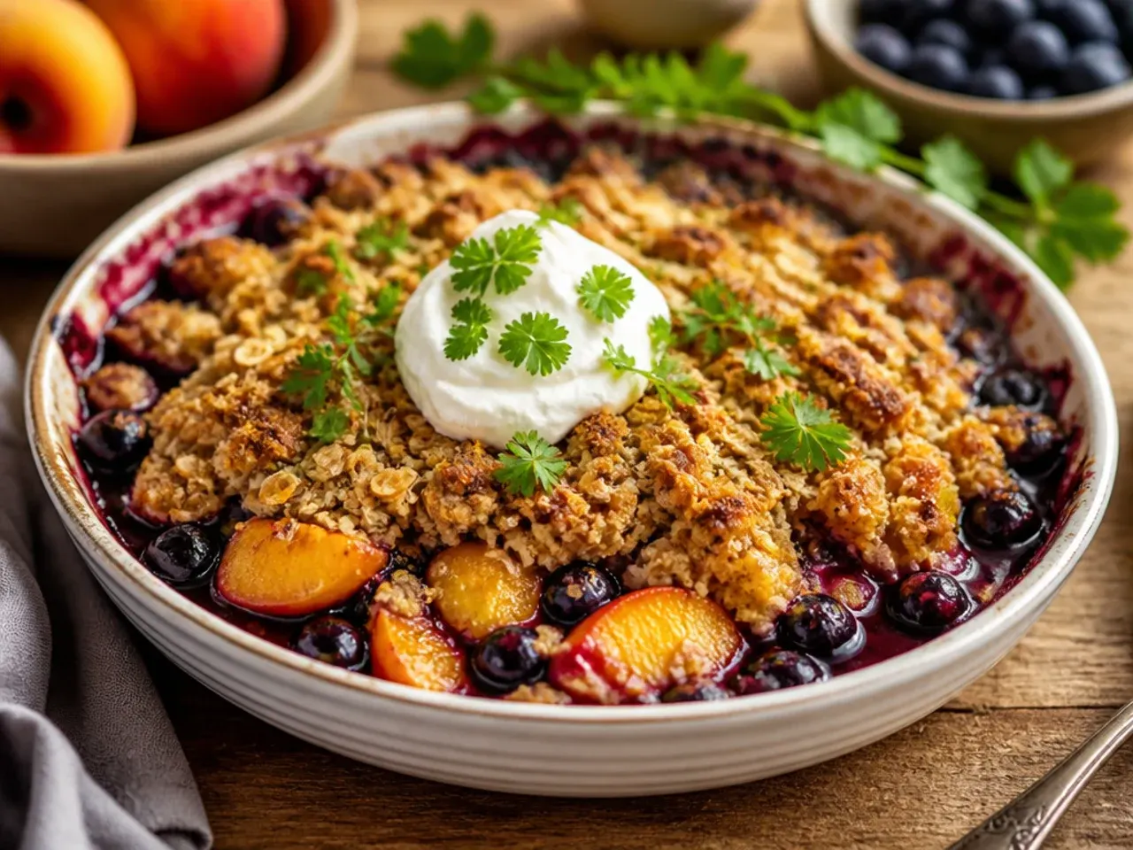 Zesty peach blueberry crisp topped with fresh lemon and orange zest