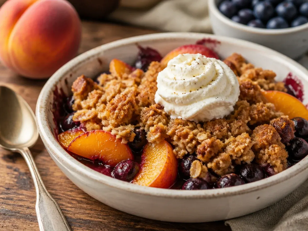 Wholesome peach blueberry crisp made with whole wheat and honey topping