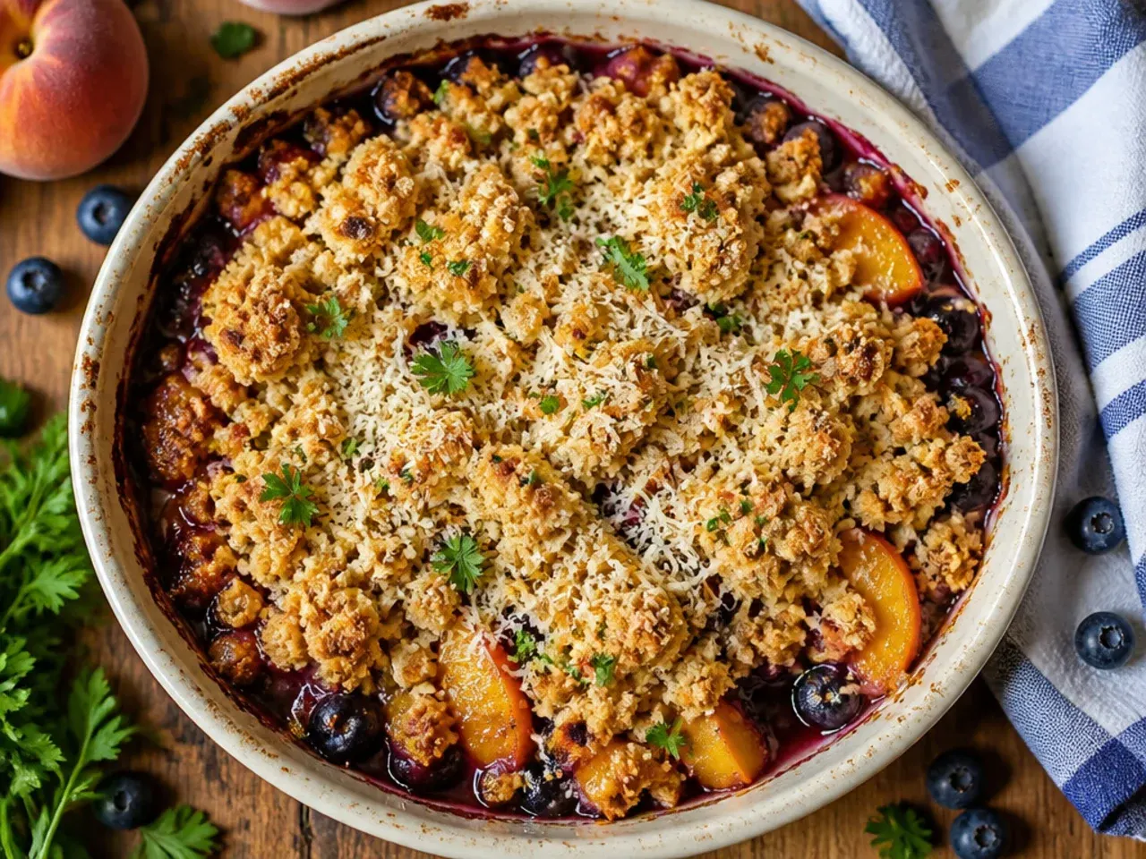 Budget-friendly peach blueberry crisp made with canned peaches and frozen blueberries