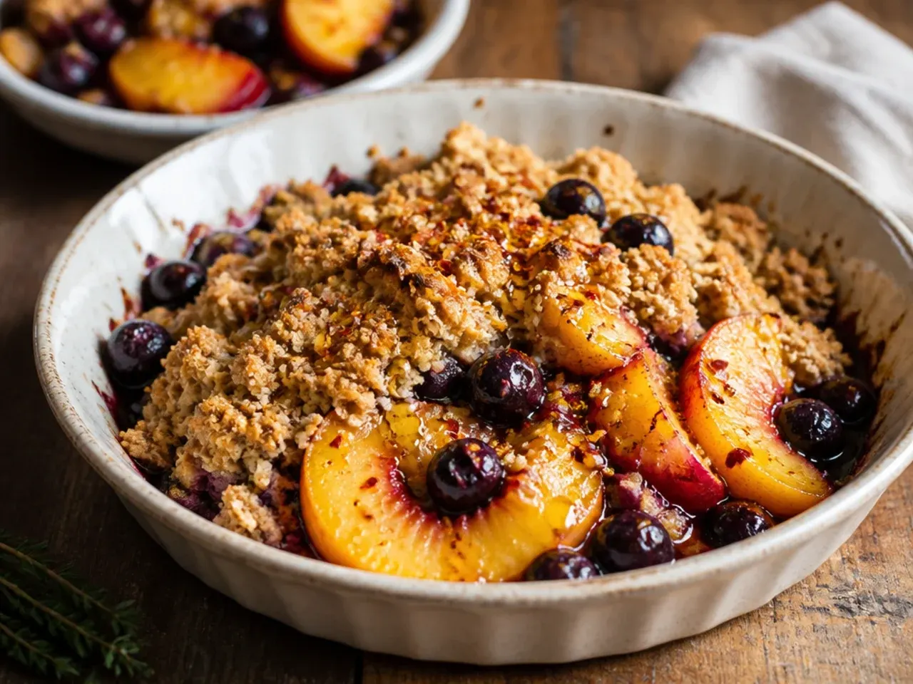 Individual weeknight peach blueberry crisps baked in small ramekins