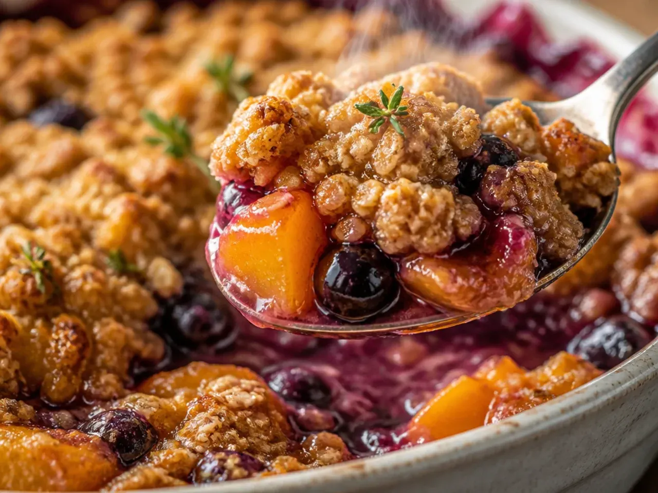 Rustic peach blueberry crisp baked in a cast iron skillet