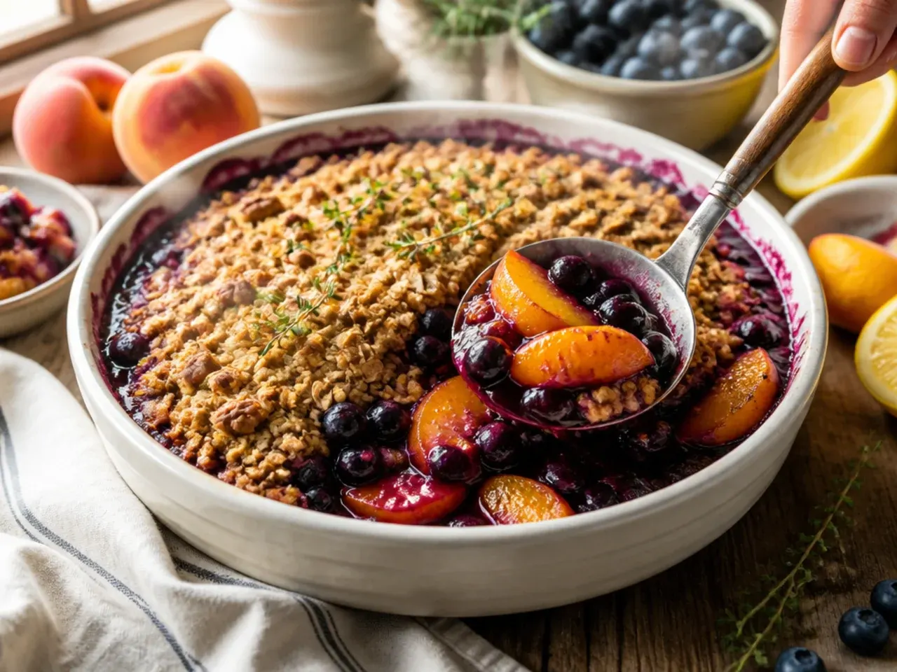 Loaded peach blueberry crisp topped with pecans, coconut and caramel drizzle