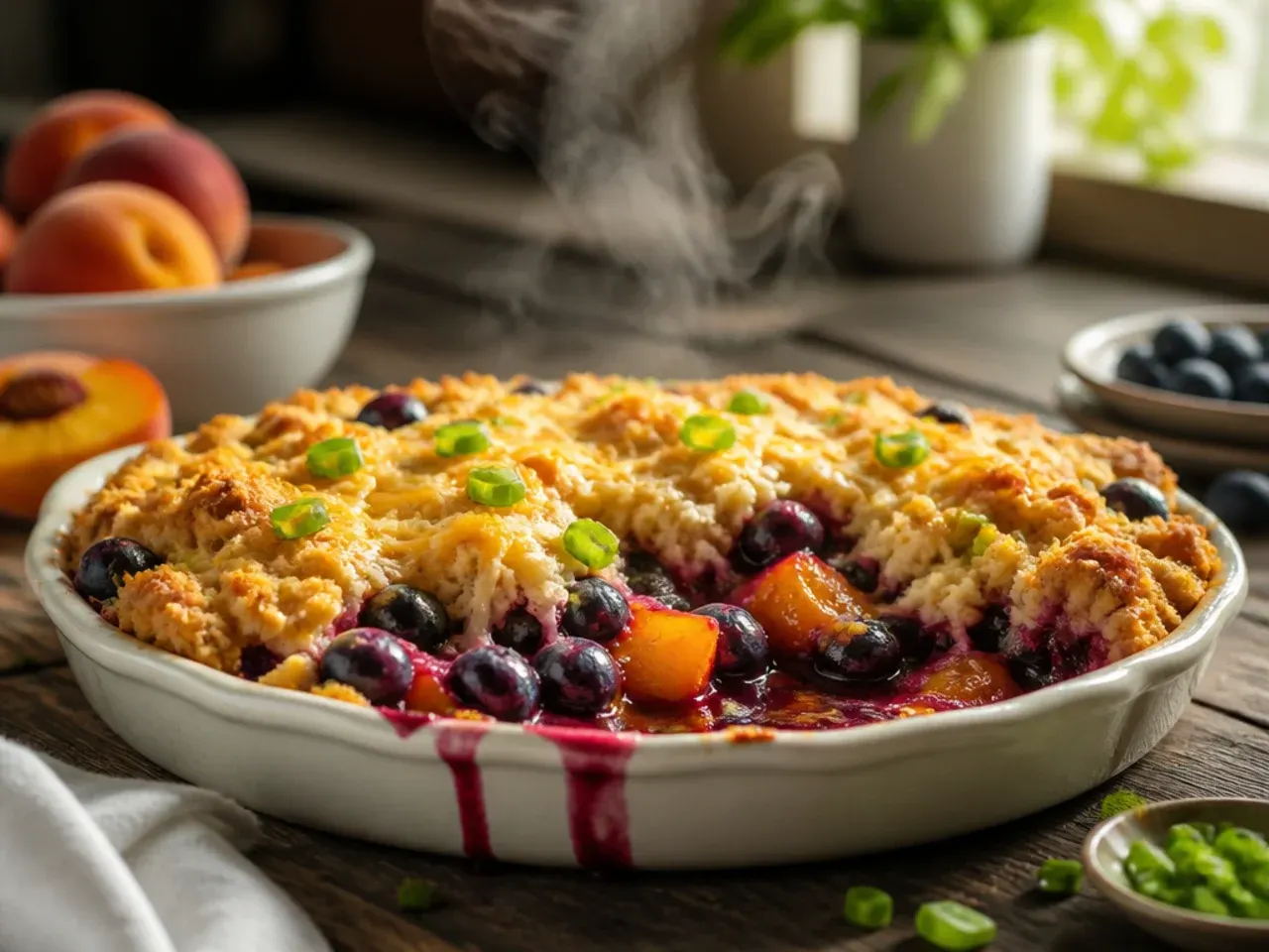 Large family-size peach blueberry crisp in a 9x13 baking dish