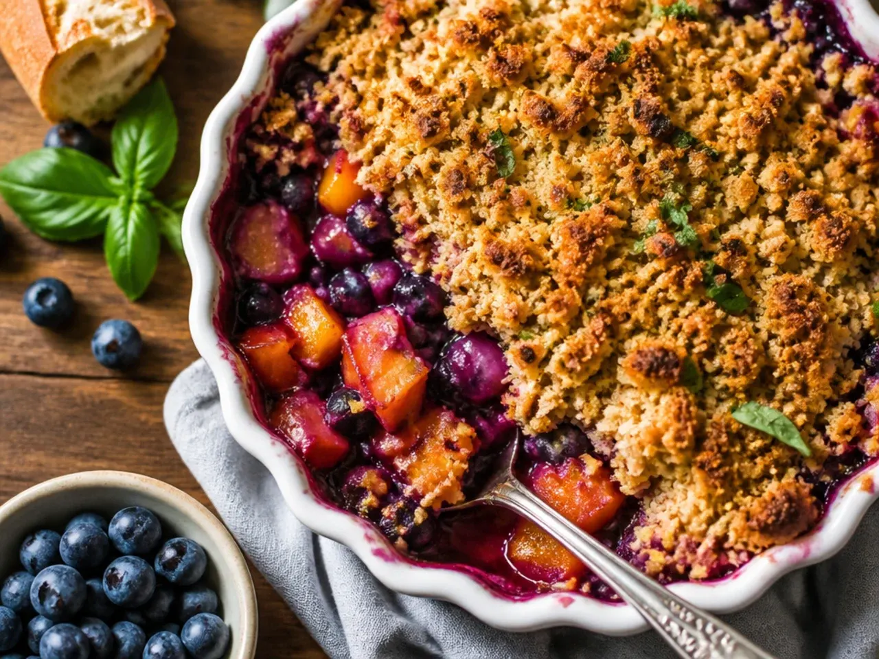 Best-ever peach blueberry crisp with a browned butter oat topping