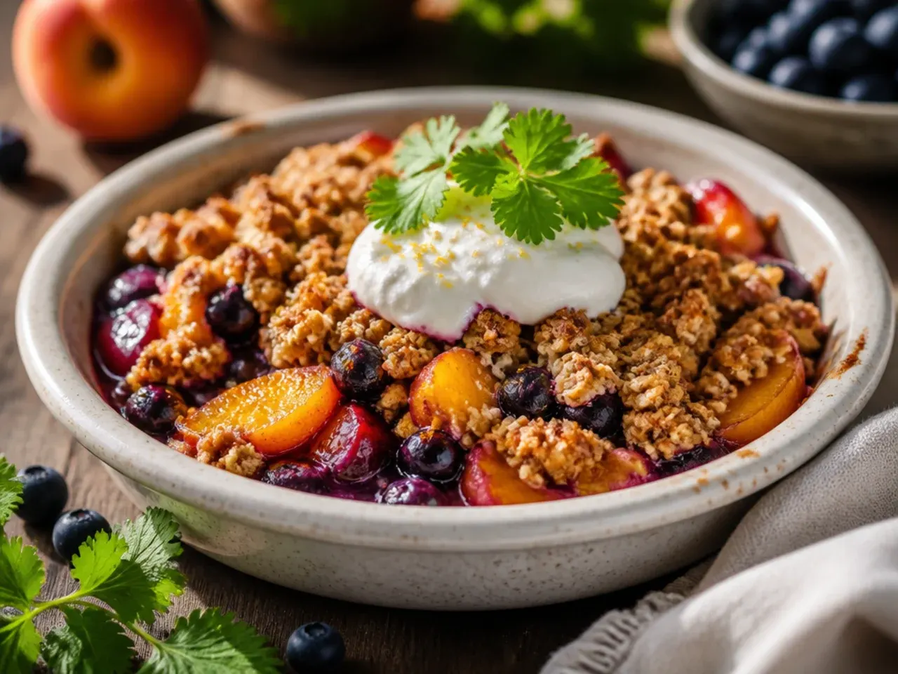 Quick peach blueberry crisp fresh out of the oven in under 30 minutes