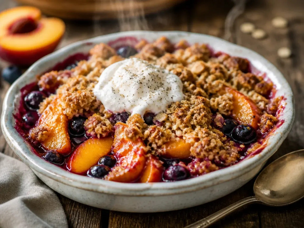 Individual peach blueberry crisps baked in mini cast iron skillets