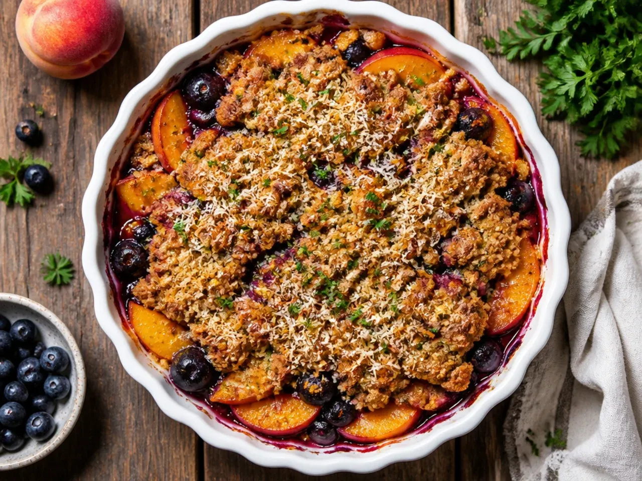 Gluten-free peach blueberry crisp with an almond flour oat topping
