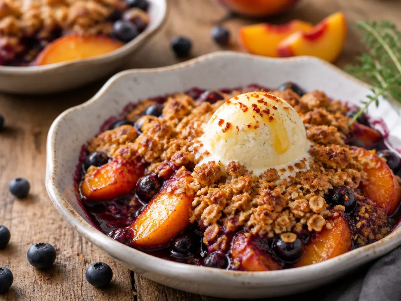 Vegan peach blueberry crisp made with coconut oil topping