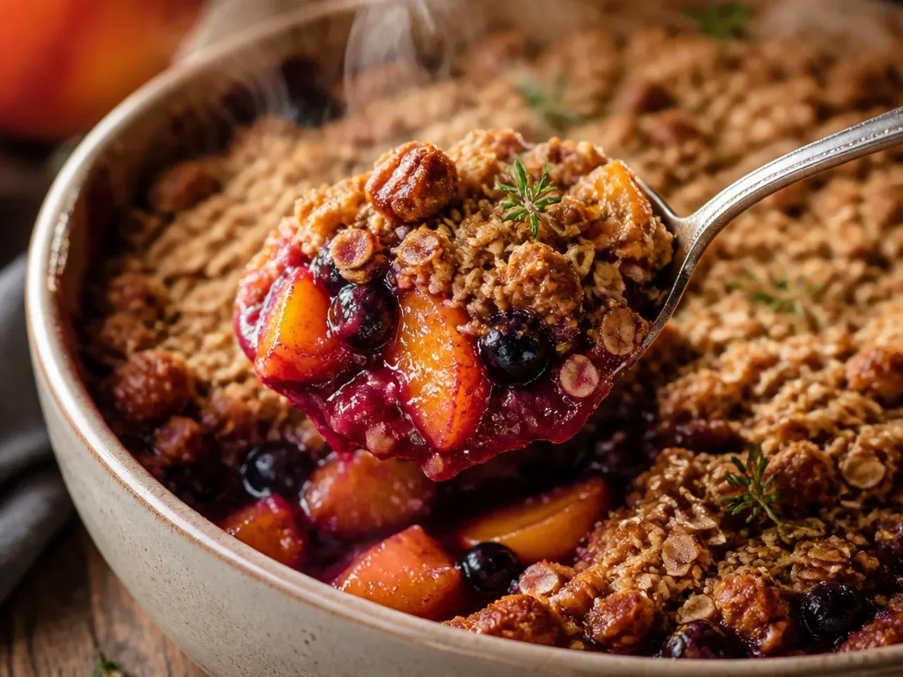 Spiced peach blueberry crisp with cardamom and ginger served with yoghurt