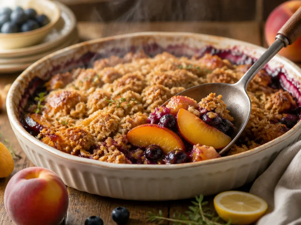 Unbaked peach blueberry crisp assembled in a foil dish ready to freeze