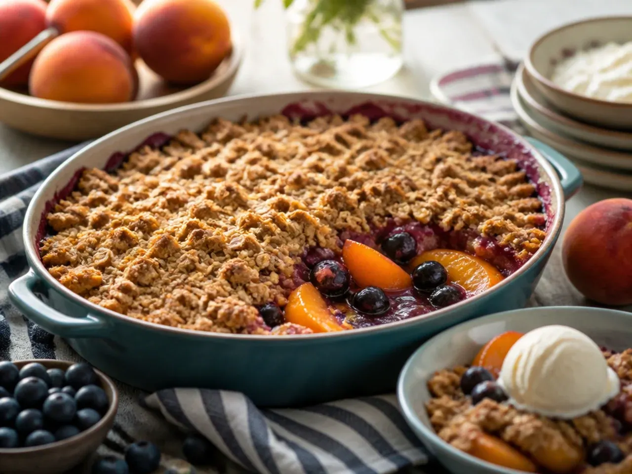 Bowl of peach blueberry crisp topped with a scoop of vanilla ice cream