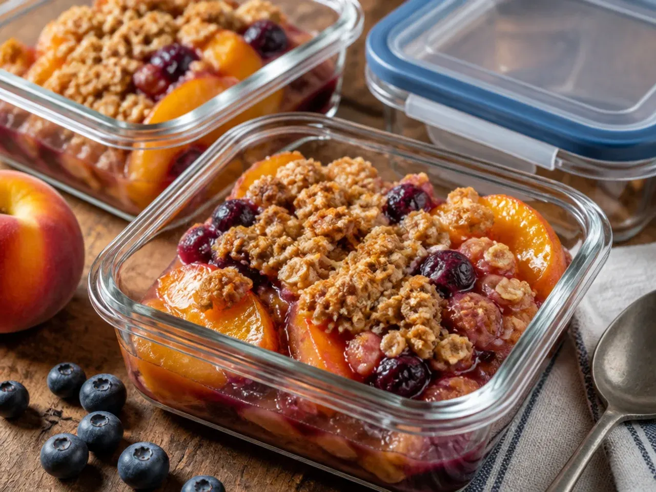 Peach blueberry crisp leftovers stored in a covered glass dish