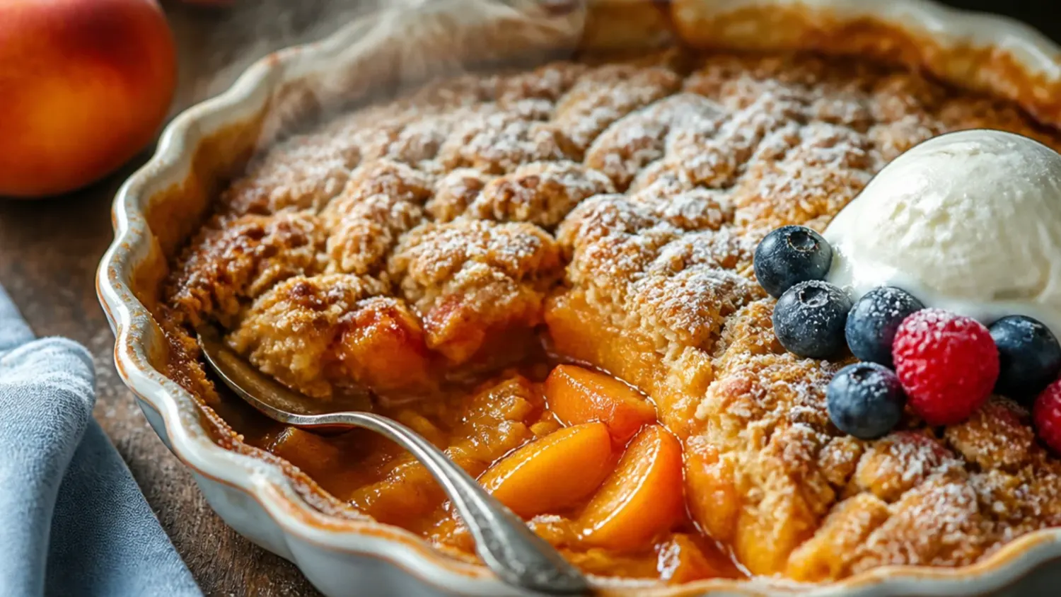 Golden-brown peach cobbler crisp in a baking dish with an oat crumb topping and bubbling peach juices, served with a scoop of vanilla ice cream
