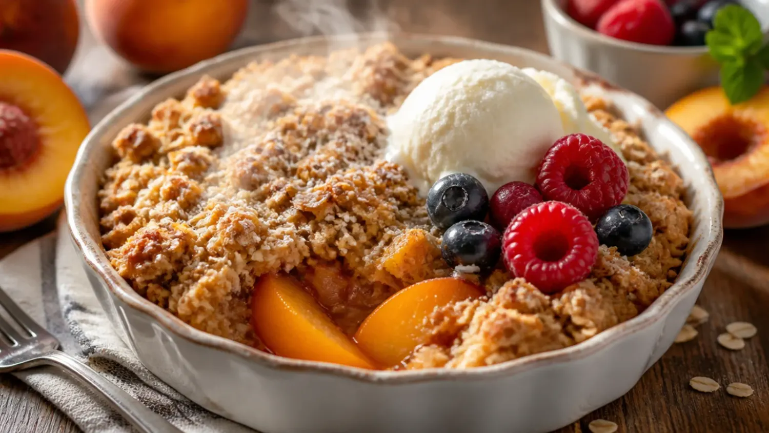 Golden-brown peach crisp in a white ceramic baking dish, oat crumble topping bubbling around juicy peach filling, served warm with a scoop of vanilla ice cream.