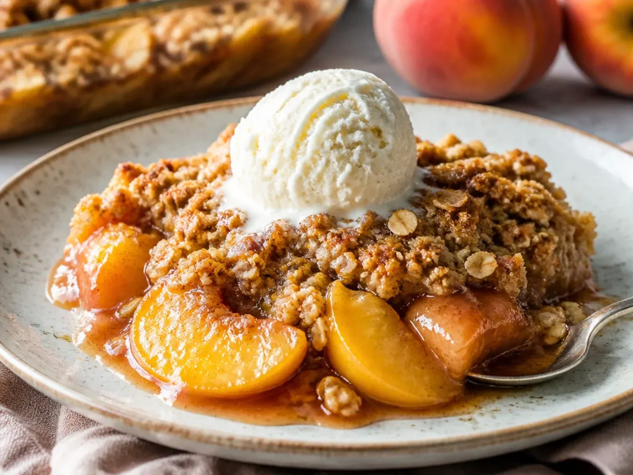 Overhead shot of a bubbling peach crisp fresh out of the oven with a golden oat crumble topping