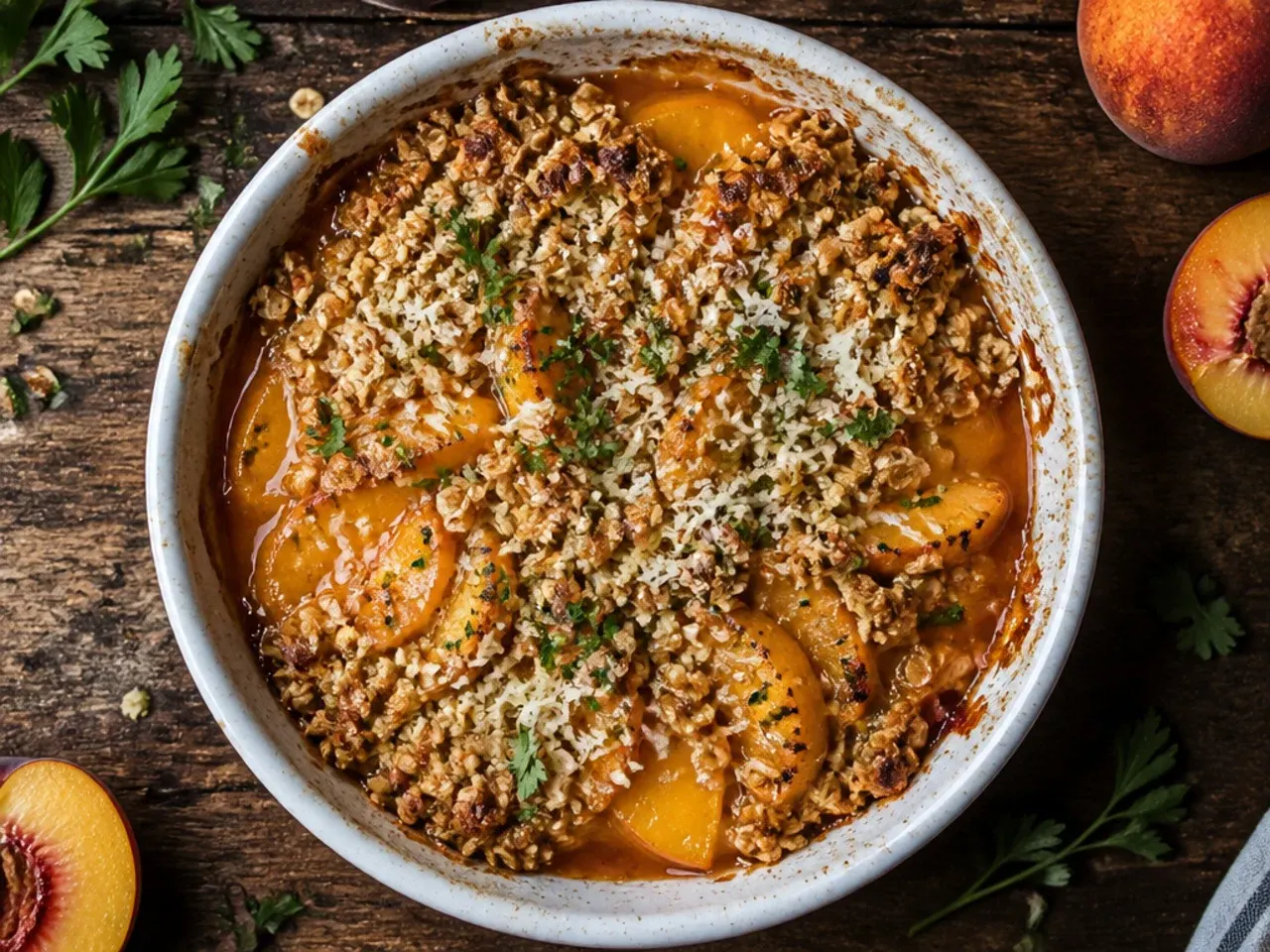 Classic peach crisp with golden oat topping in a baking dish