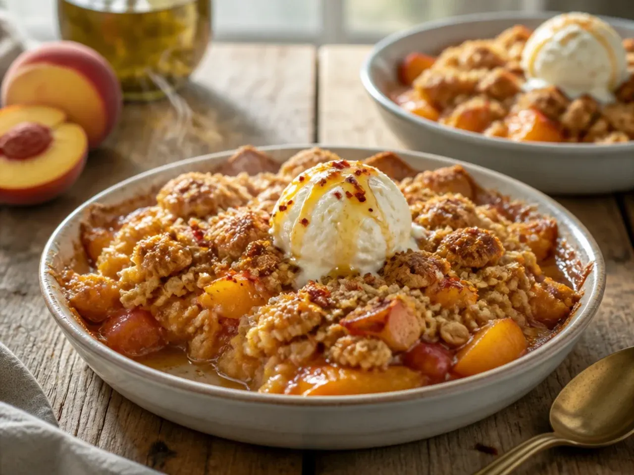 Simple five-ingredient peach crisp topping being stirred with a fork