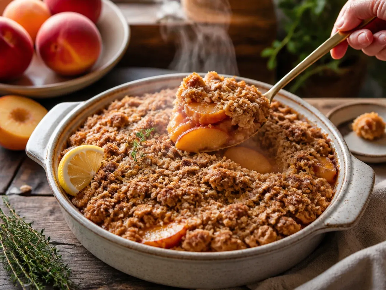Spiced peach crisp with cinnamon sticks and nutmeg on the side