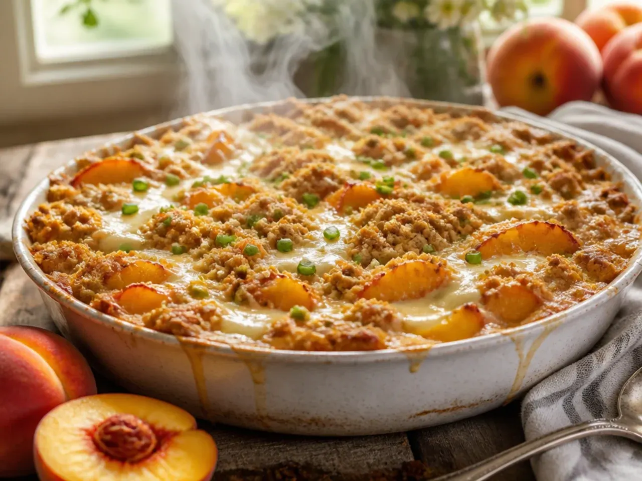 Peach crisp with visible cream cheese swirl beneath the crumble topping