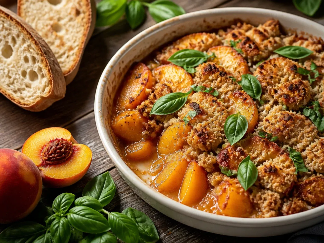 One mixing bowl with peach crisp ingredients ready to combine