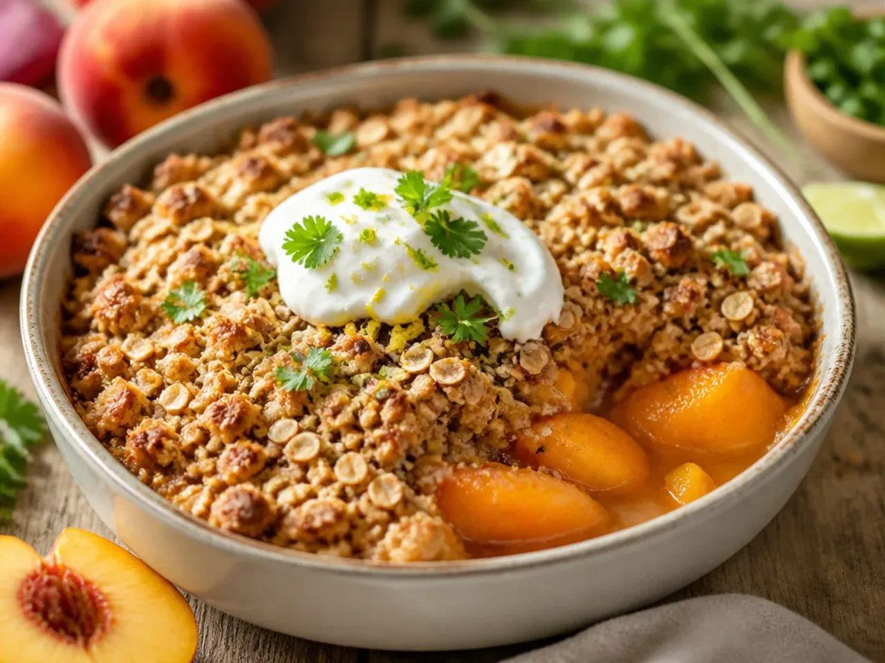 Peach crisp topped with lime zest and crystallised ginger pieces
