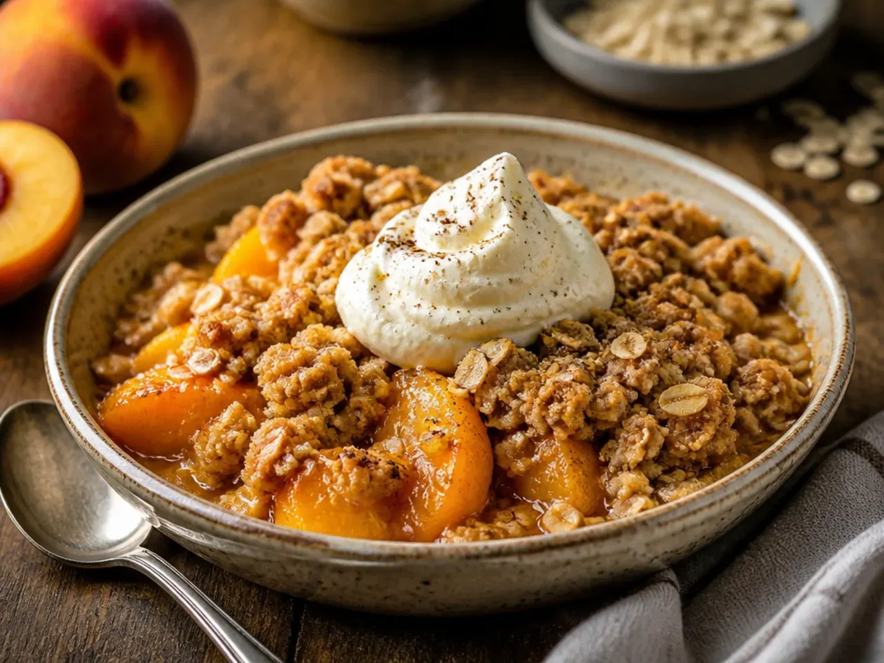 Wholesome whole-wheat peach crisp drizzled with honey