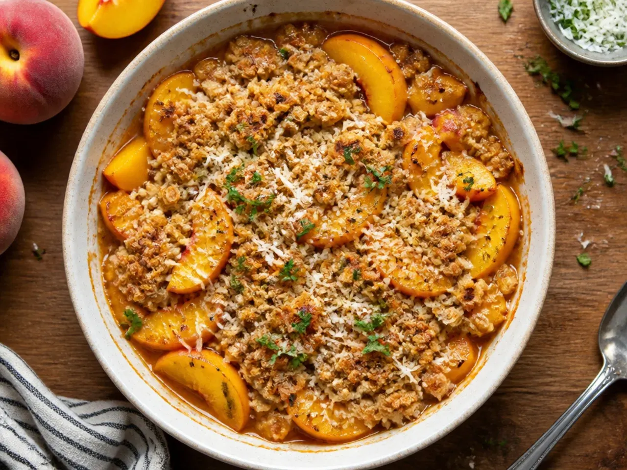 Canned peach slices being drained before making a budget peach crisp