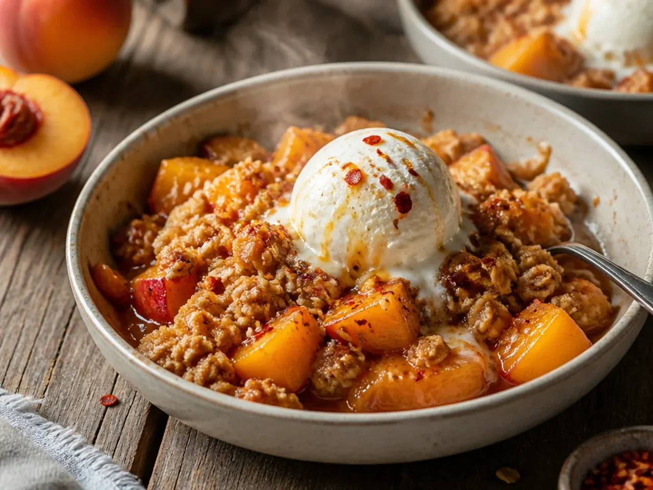 Quick weeknight peach crisp in individual ramekins
