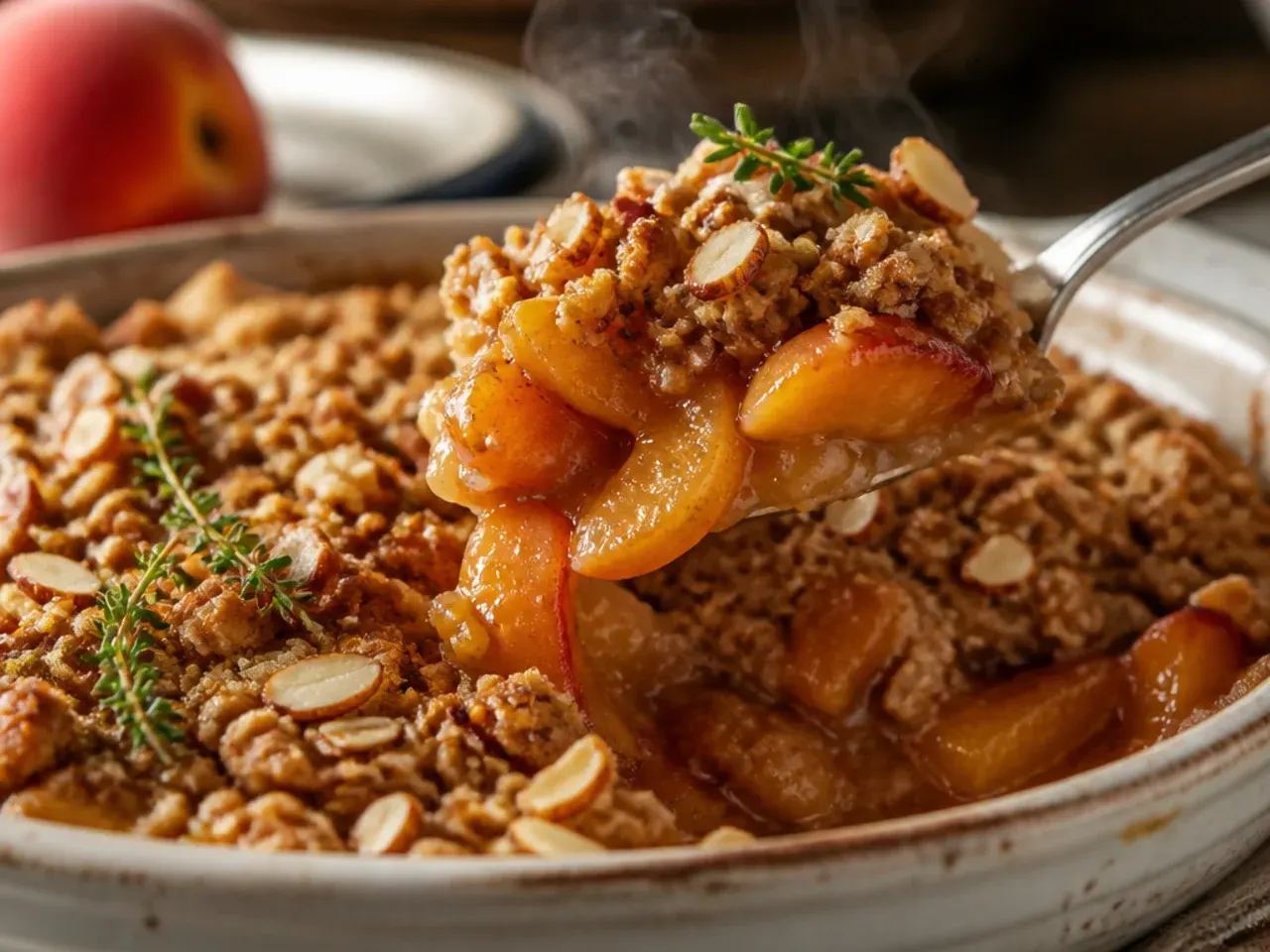 Peach crisp topped with toasted sliced almonds
