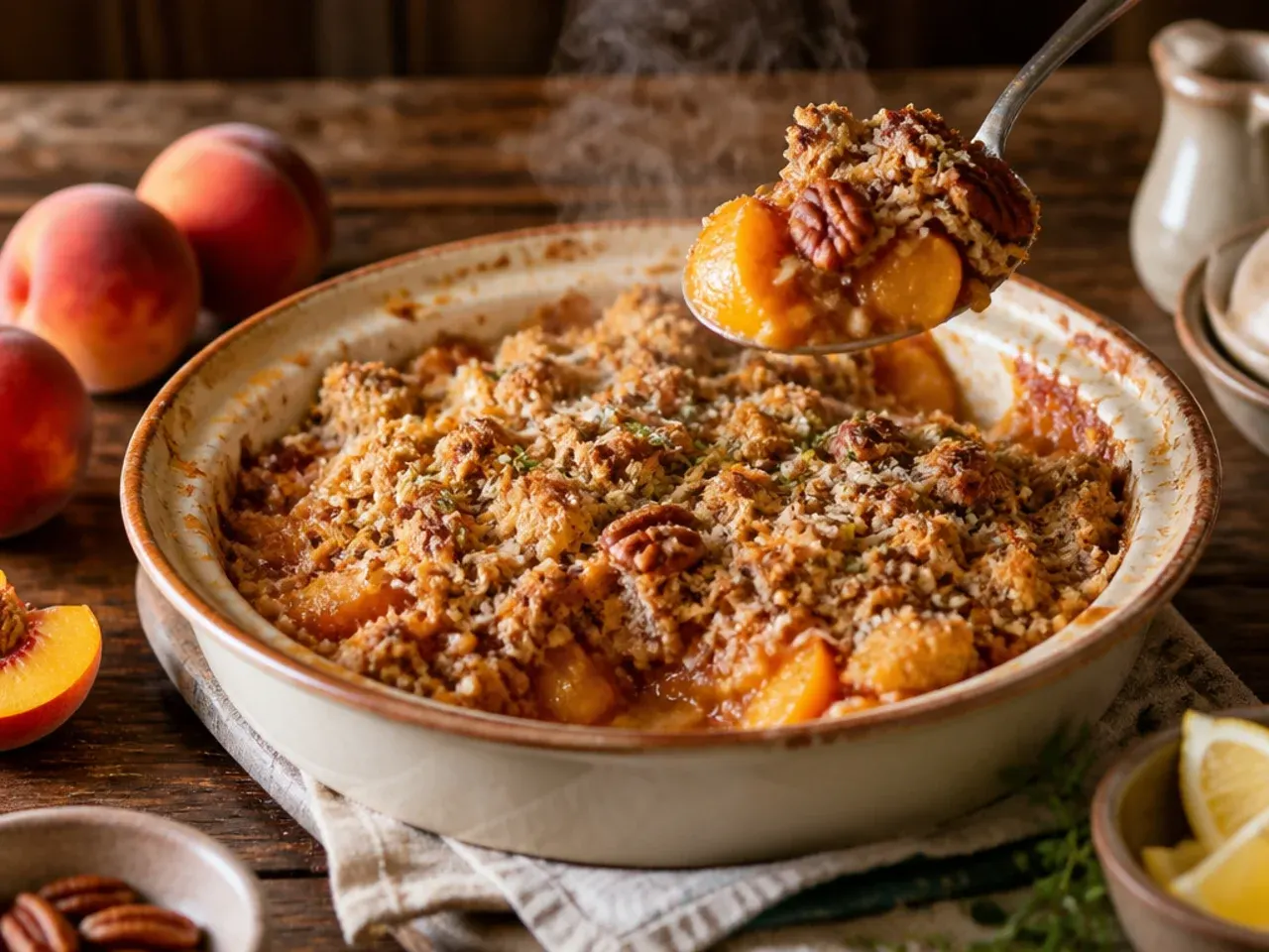 Loaded peach crisp topped with pecans and toasted coconut